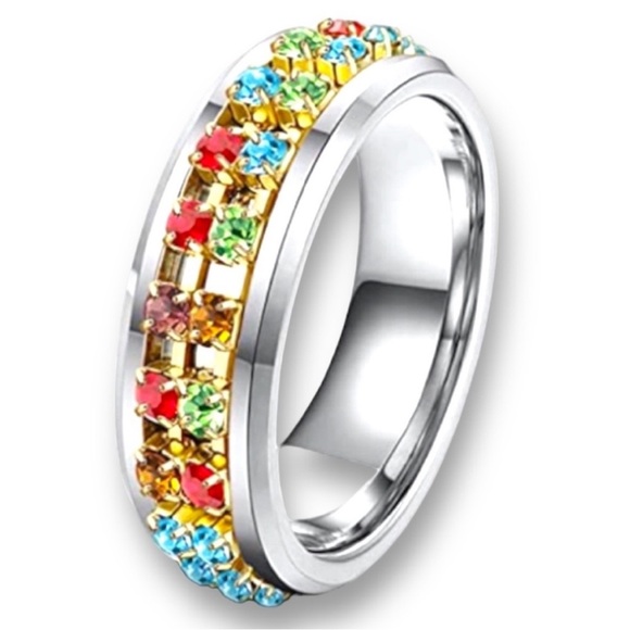 Fidget Spinner Stainless Steel Multicolor Jeweled Ring, Size 6 - Picture 7 of 9